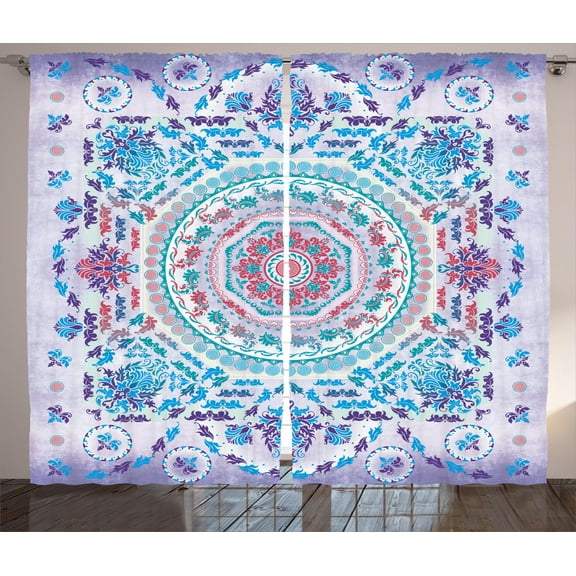 Ambesonne Mandala Curtains 2 Panel Set, Floral Medallion Design, 108" x 63", Turquoise Purple