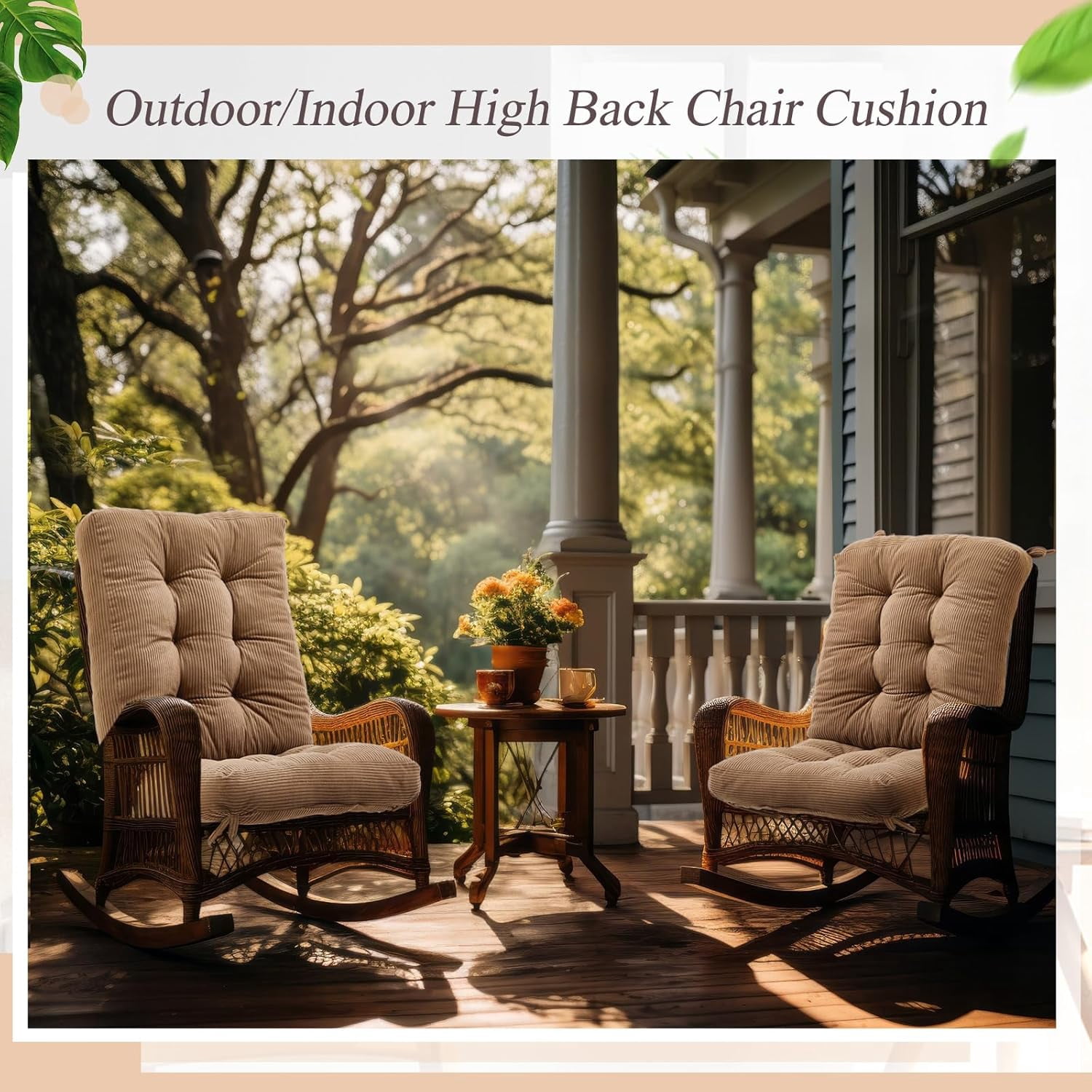 4 Set Outdoor Patio Chair Cushions Corduroy Seat High Back Tufted Pillow Replacement Rocking Chair Cushions Patio Chair Pads for Autumn Winter Seasonal Indoor Home Office (Khaki)