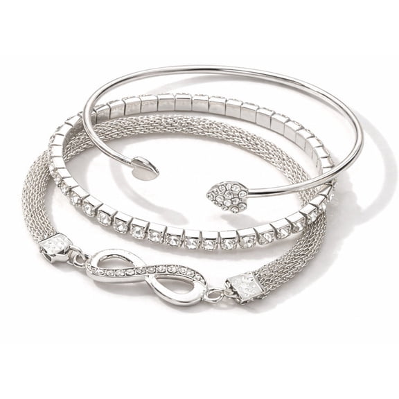 RubyLee Elegance Silver Tone Rhinestone Multi-Layer Bracelet Set with Cuff and Infinity Clasp