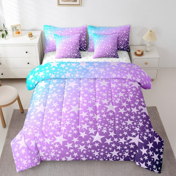 Manfei Purple Stars Kids Twin Bedding Sets 7-Piece, Dreamy Cartoon Bedding Comforter Set, Mystic Starry Sky Reversible Sheet Sets, Luxury Bedroom Decor