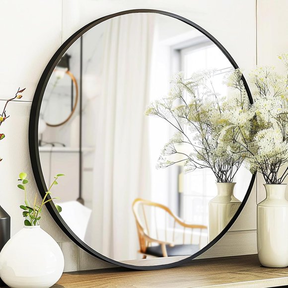 Black Round Mirror, Round Mirror 24 inch, Black Circle Mirror Metal Frame, Round Wall Mounted Mirrors for Living Room, Bathroom, Wall, Entryway, Rustic.