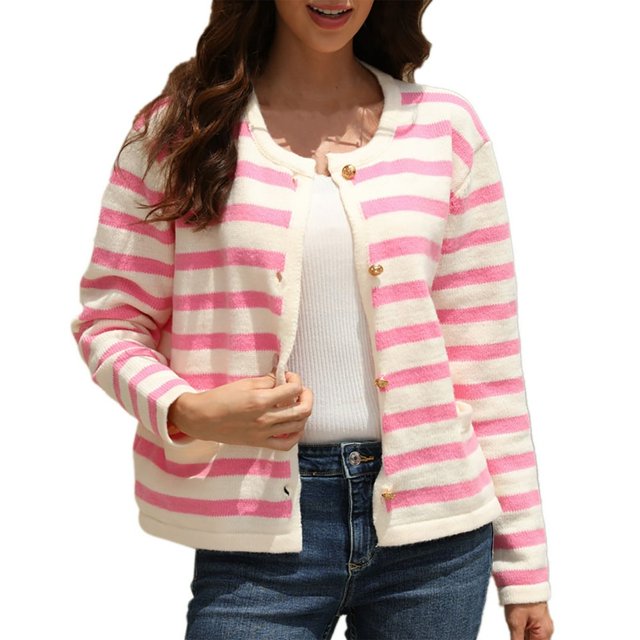 Cardigan à Rayures pour Femmes, Chandail Tendance à Manches Longues, Boutonné, Col Ras du Cou, Cardigans en Tricot