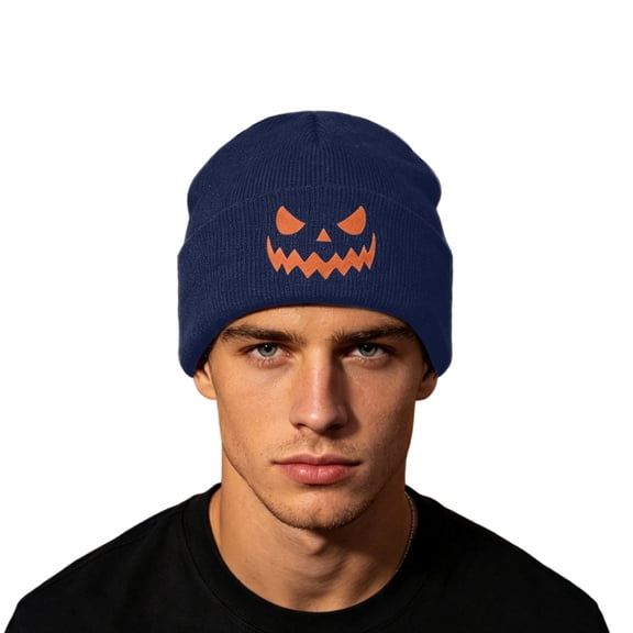 Yteetum Halloween Hat for Men Pumpkin Ribber Knit Cuffed Beanies Fall Winter Casual Plain Stretchy Warm Caps
