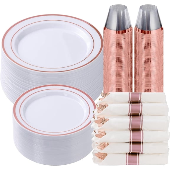 Goodluck 350 Piece Rose Gold Plastic Dinnerware Set for 50 Guests, Fancy Disposable Plates for Party, Include: 50 Dinner Plates, 50 Dessert Plates, 50 Pre Rolled Napkins with Silverware, 50 Cups