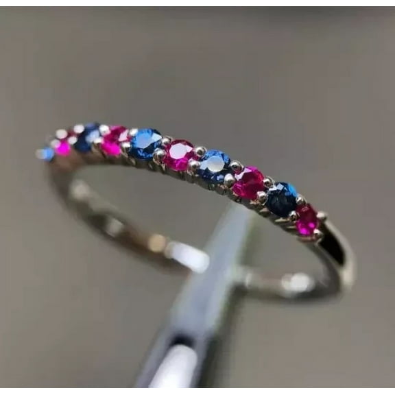 2.00Ct Round Cut Simulated Blue Sapphire & Red Ruby Ring Half Eternity Beautiful Wedding Band Ring Gift 14K White Gold Plated Silver