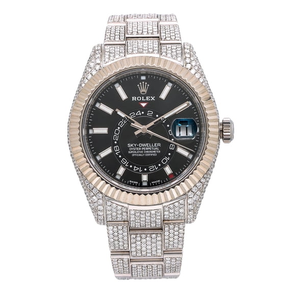 Pre-Owned Rolex Sky-Dweller 42MM 326934 Black Dial Fluted Bezel Stainless Steel Full Diamond Oyster Bracelet 22.25ct