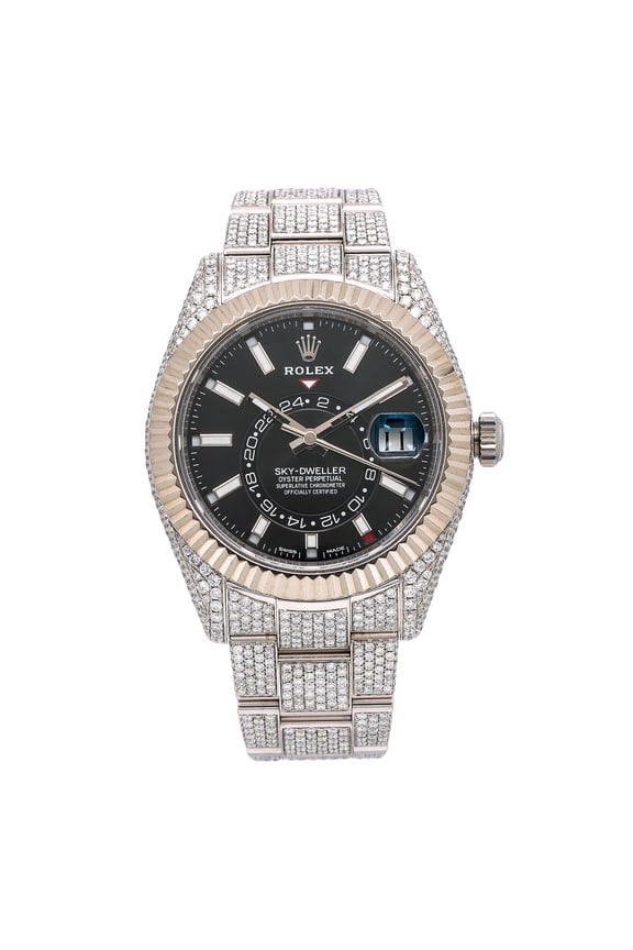 Pre-Owned Rolex Sky-Dweller 42MM 326934 Black Dial Fluted Bezel Stainless Steel Full Diamond Oyster Bracelet 22.25ct