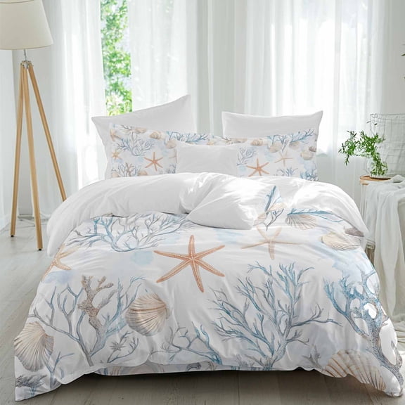 Coral Starfish Queen Size Comforter Set, Ocean Coastal Summer Nautical Retro Bedding for All Seasons, 4 Pcs Bed Set, 1Quiltcover (90"x92") ,1Sheet(94"x116"), 2Pillowcases (30"x20")