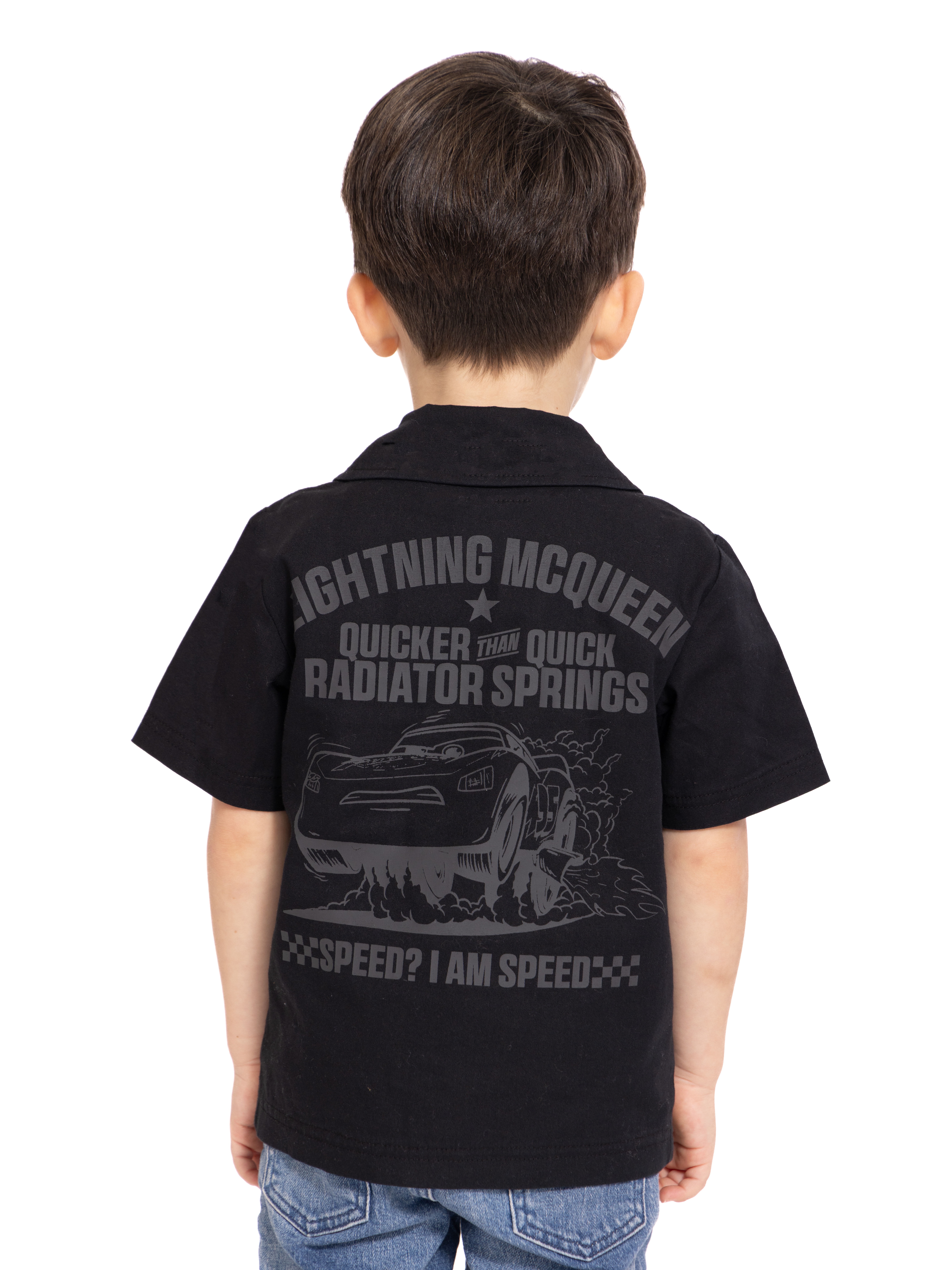 Disney Pixar Cars Toddler Boys Short Sleeve Cotton Button Down Shirt with Patches, Sizes 12M-5T