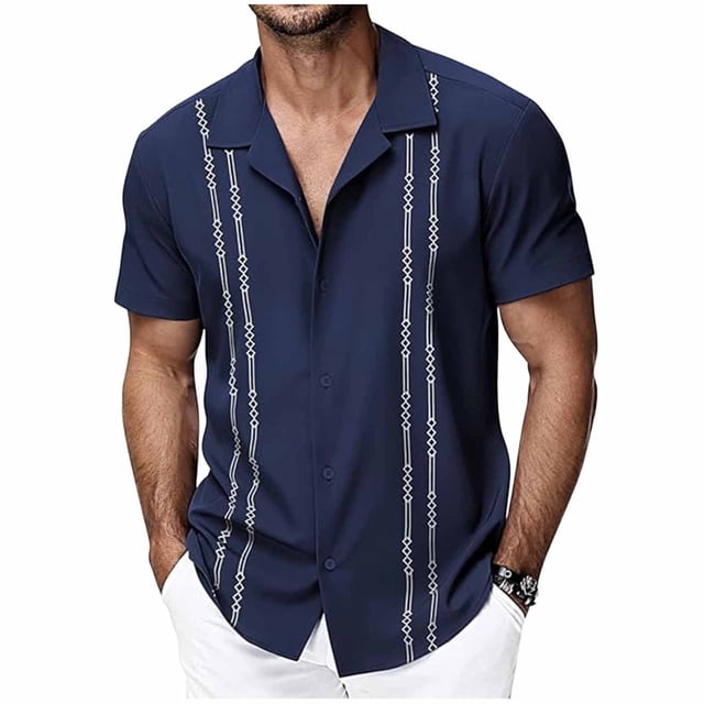 Mens Casual Botón Arriba Camisas Manga Corta Vintage Boliche Cuba Camisa de Playa de Cuatro Vías Estiramiento