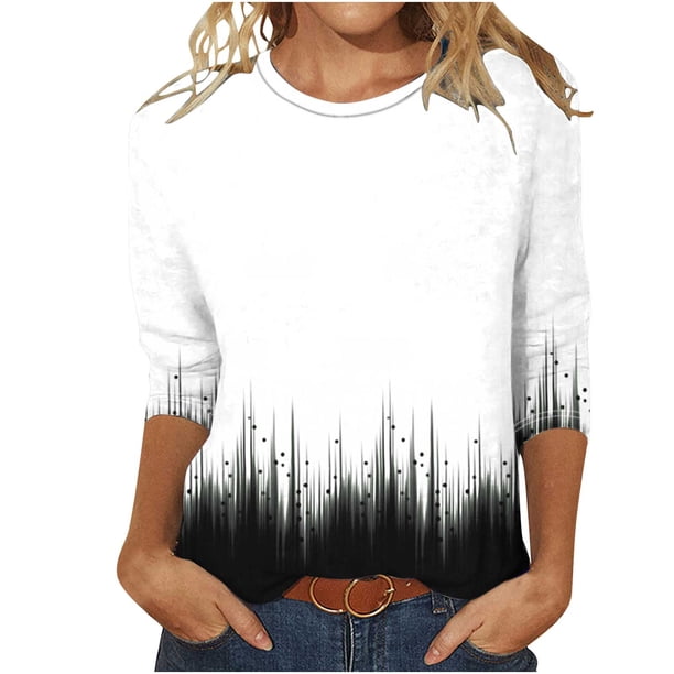 Camisetas Casuales de las Mujeres de Moda Impresa 3/4 Mangas Blusa Cuello Redondo para el Hogar Y Diario