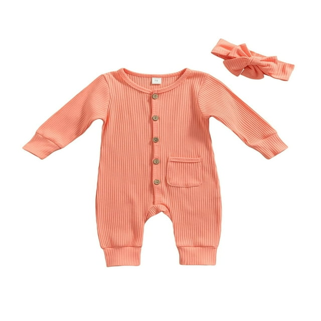 EIMELI 2Pcs Baby Girls Outfit Solid Color Single-breasted Long Sleeve Romper with Pocket Headband Fall Outfits Set
