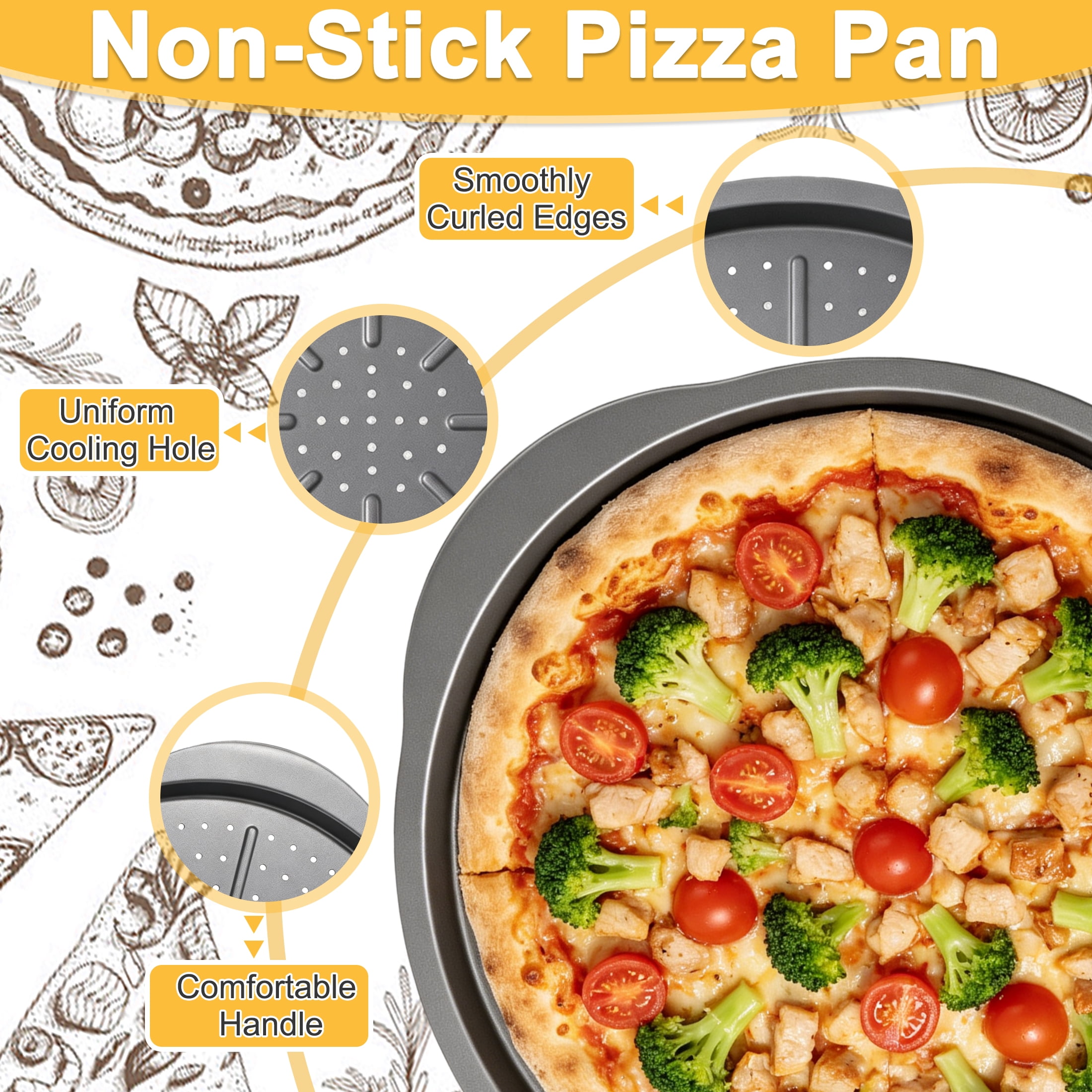 14 Inch Pizza Pan for Baking, Carbon Steel Perforated Pizza Pan with Handles, Non-Stick Carbon Steel Round Pizza Baking Tray, Oven Safe Crispy Crust Pizza Baking Pan