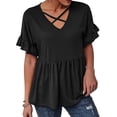 thumbnail image 3 of Xuanfei Women Solid Color V Neck Front Criss Cross Frill Short Sleeve Blouse, 3 of 5