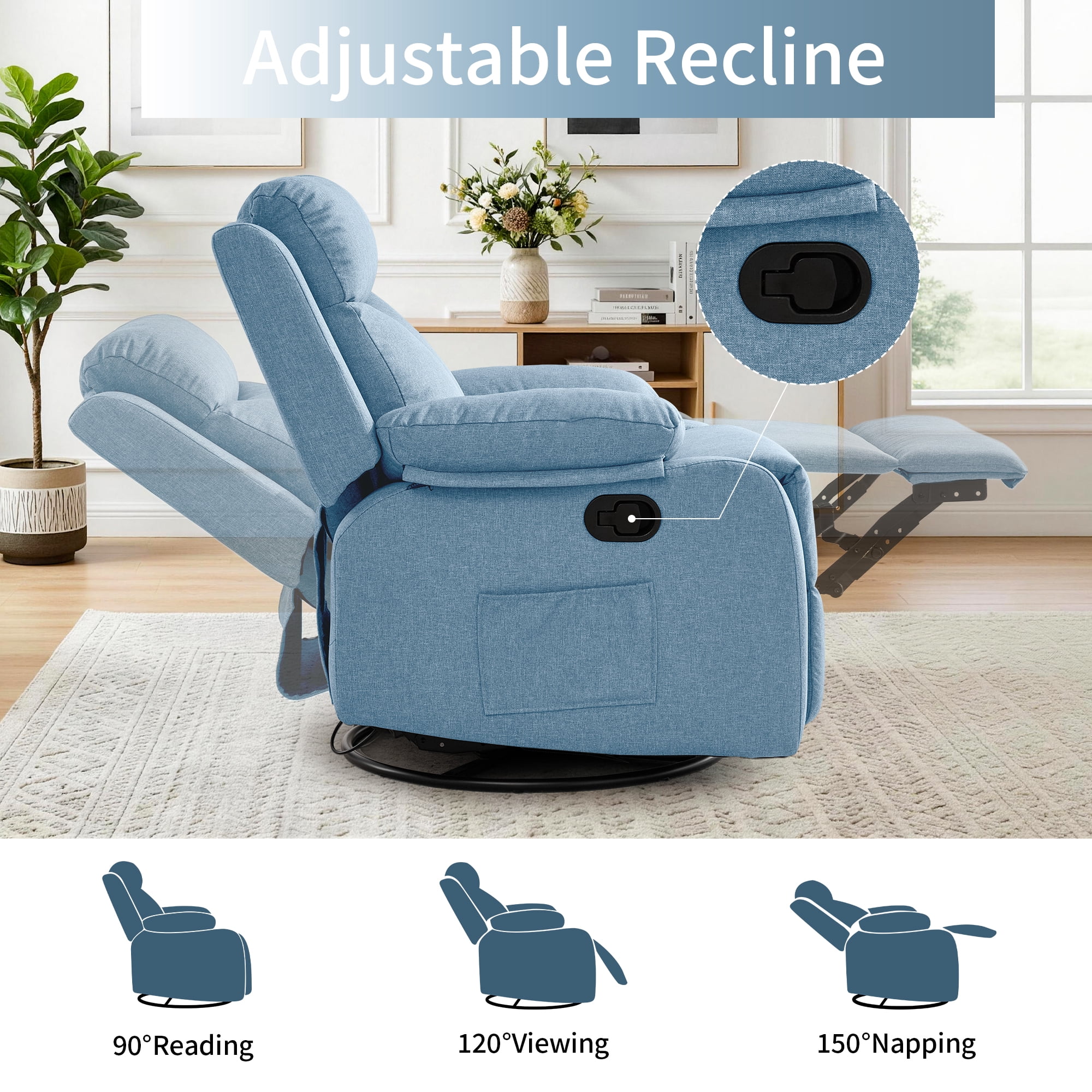 GEEYOO Manual Swivel Rocker Recliner Chair with Side Pockets,Small Recliner Chair for Small Spaces,Upholstered Linen Fabric Glider Nursery Chair for Living Room,Blue