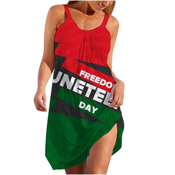 Mini vestido con estampado digital de tirantes de ocio y entretenimiento con cuello redondo informal a la moda para mujer de Juneteenth Fridja hj324