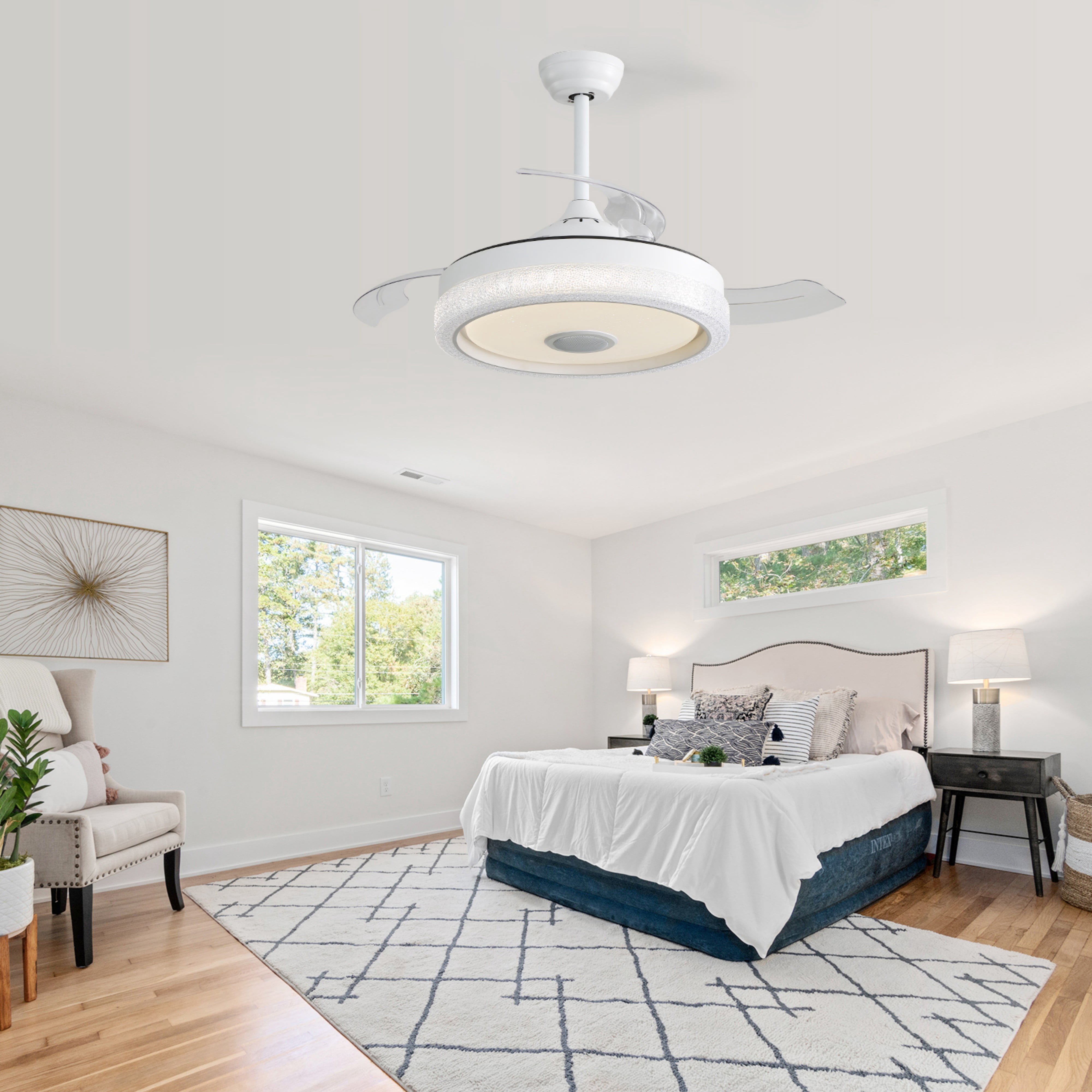 Sofucor 42 Inch Ret retractable Smart Ceiling Fan with Lights Bluetooth Control Speaker Dimmable Lights