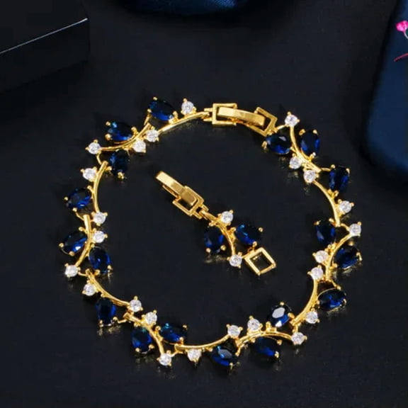 Elegant Royal Blue Yellow Gold Cubic Zirconia Leaf Rhinestone Bracelet for Women