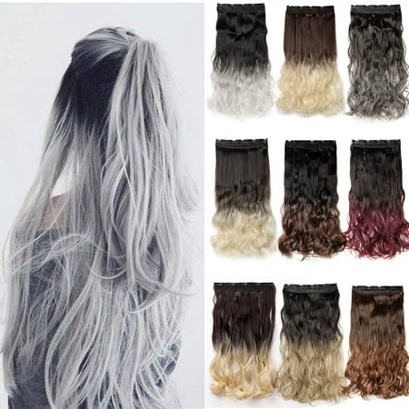 S-noilite Ombre Synthetic Fiber Clips in on Hair Extension 3/4 Full Head One Piece 5 Clips Long Silky Curly Wavy Dark brown to Plum