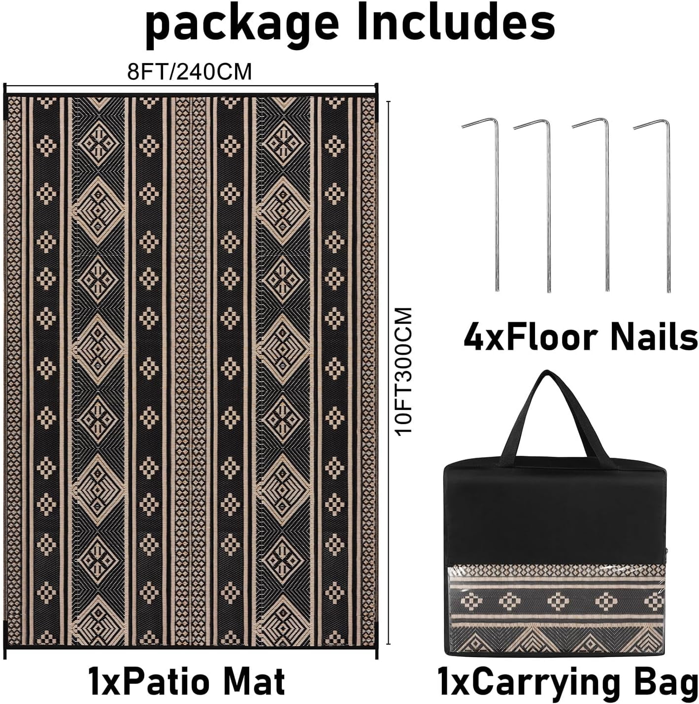 8'x10' Outdoor Rugs, Yamaziot Waterproof Plastic Patio Rug, Reversible Outdoor Mats for RV Camping Picnic Garden Backyard Balcony Porch Beach, Black