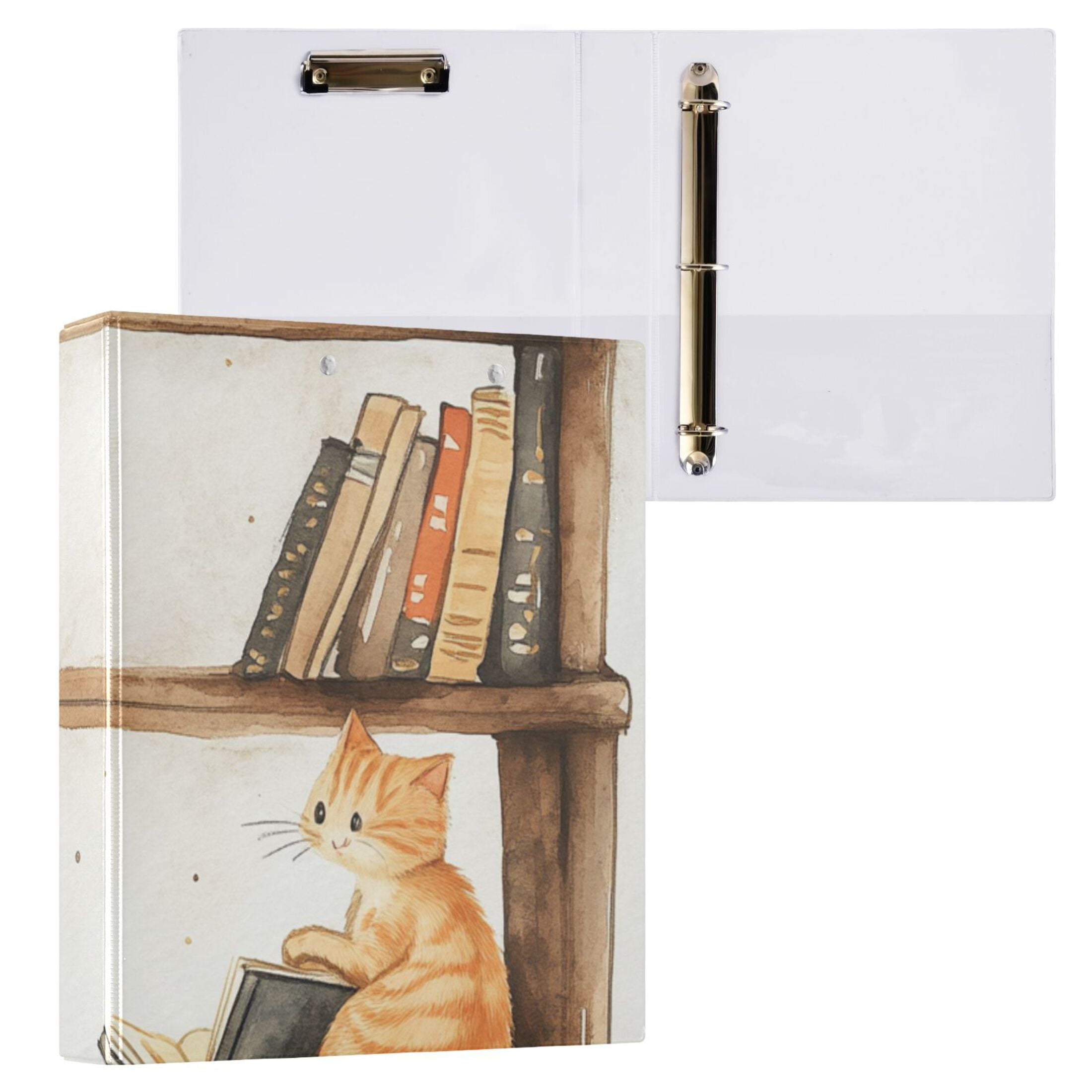 Cats Play in Bookshelf 3 Ring Binders 1.5 inch Hardcover File Folders with Interior Pockets A4 Size Organizer for School Office Hospital