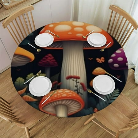 

Round Fitted Table Cloth Flowers Elastic Tablecloth for Round Tables Mushroom Waterproof Table Cover