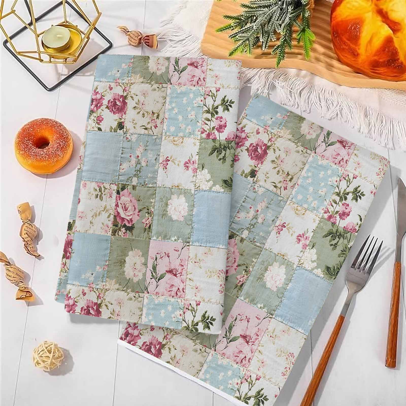 Green Blue Pink Botanical Kitchen Towels Set of 4, Spring Floral Vintage Soft Microfiber Dish Towels, Absorbent Quick-Dry Washable Dishcloths for Kitchen Cleaning, Drying Dishes, 18x28 Inches