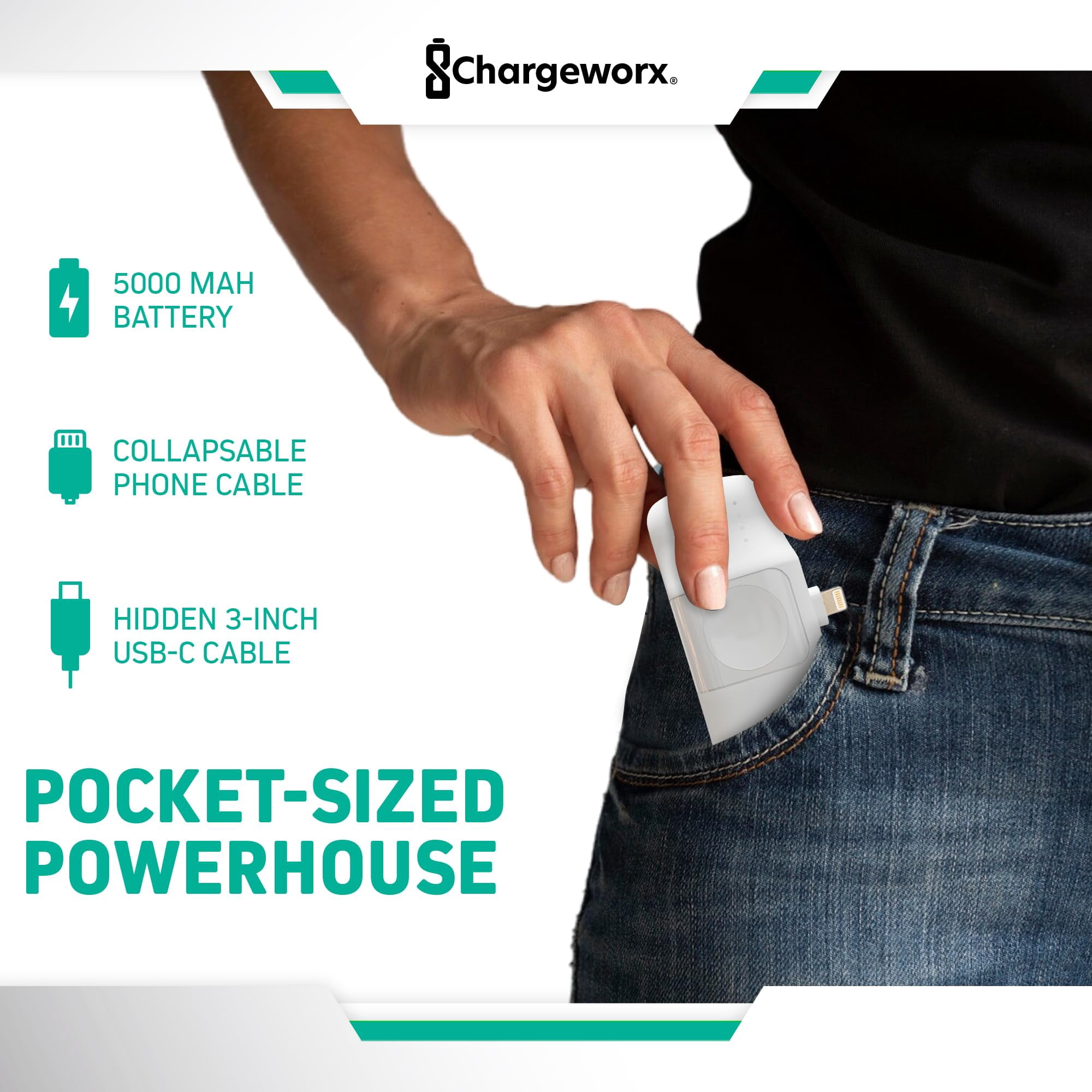 CHARGEWORX 3 in 1 Portable Charger Power Bank for iPhone, USB-C Devices, Smart Watch, 5000mAh Battery, Ultra Compact, Fast Charging Travel Charger, LED Battery Indicator (white)