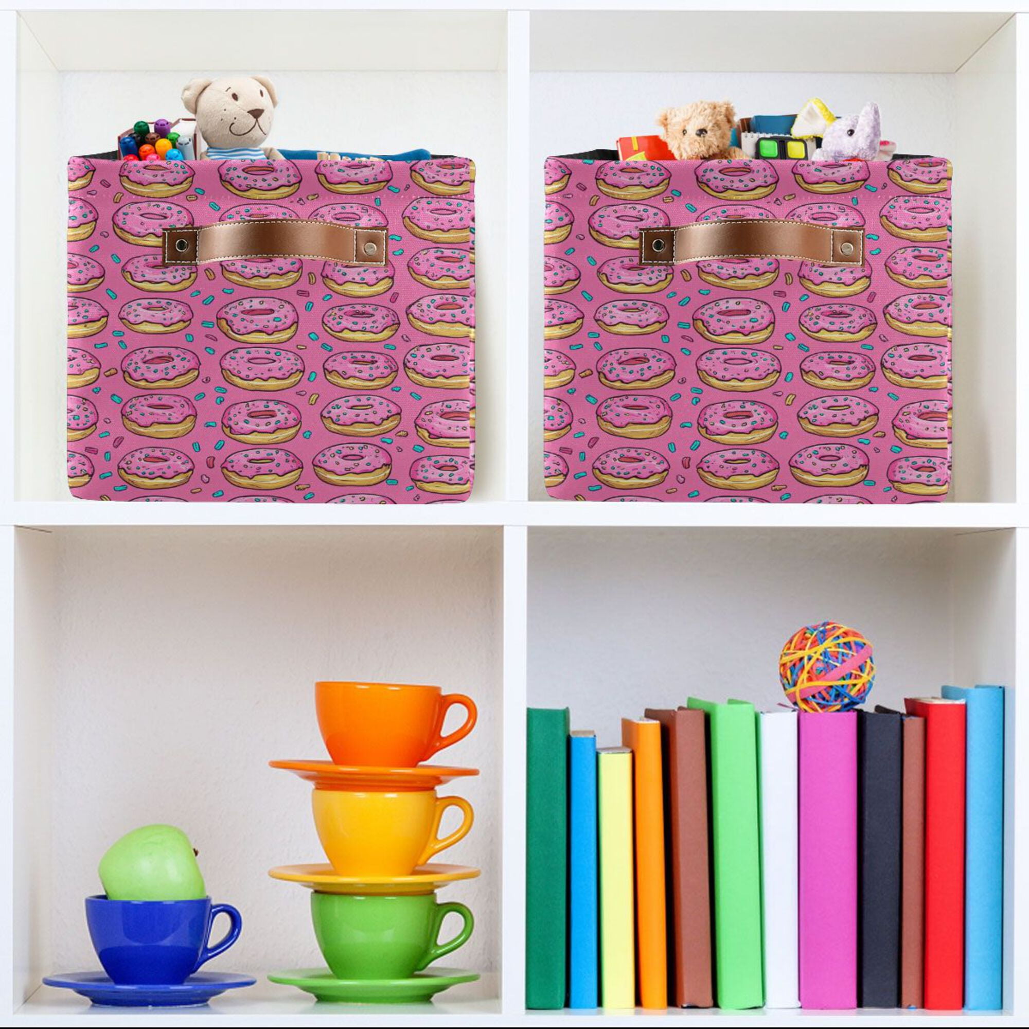 Yayeee 2 Pack Canvas Storage Basket with Handles for Shelves Fabric Bins Closet Organizer, Pink Doughnuts