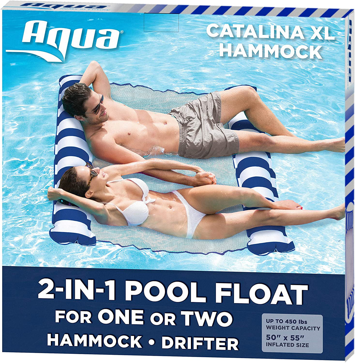 Water Lounge Aqua Catalina XL Hammock Teal/White Stripe 4-in-1 Multi-Purpose Inflatable 1-2 Person Pool Float 