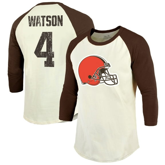 Men's Majestic Threads Deshaun Watson Cream/Brown Cleveland Browns Vintage Player Name & Number Raglan 3/4-Sleeve