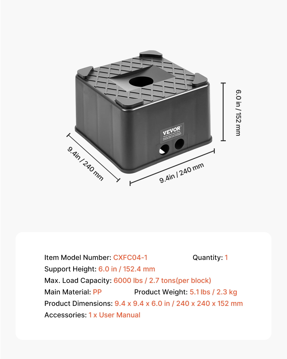 VEVOR Trailer Jack Block, 6" High Heavy Duty RV Leveling Block with 6000 lbs Capacity, RV Jack Stand, Motorcycle Stand,Stool,Camper Accessories for Travel Trailers,5th Wheels Class A/C Motorhomes