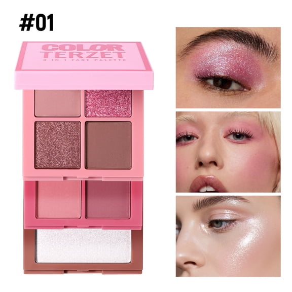 YiFudd 3-in-1 Highlighter Blush Eyeshadow Palette Pink Glow, Multi-Use Face Makeup Compact for Travel & Daily Wear, 1 Palette