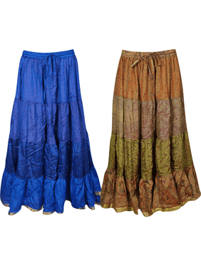 Mogul Womens Gypsy Skirts Vintage Sari Flare Tiered Bellydance Maxi Skirt Lot Of 2 Pcs