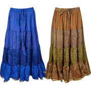 Mogul Womens Gypsy Skirts Vintage Sari Flare Tiered Bellydance Maxi Skirt Lot Of 2 Pcs