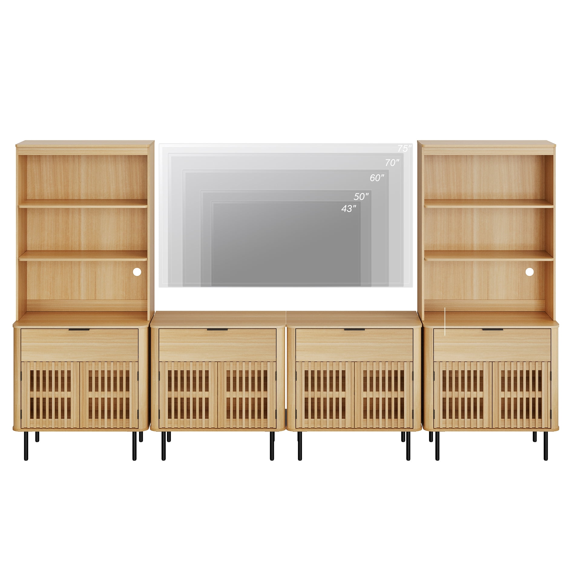 126" W Media Center with Bookcases – TV Stand for TVs Up to 75",Oak