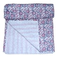 thumbnail image 5 of Blue Pink Floral Block Print Indian Kantha Bedspread, Hand Stitched Cotton Coverlet, Artisan Made Soft Boho Home Decor, 5 of 9