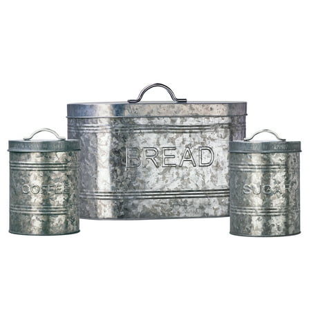 Rustic Kitchen Galvanized Metal Storage Canisters, Assorted Set of 3 (Coffee, Sugar,