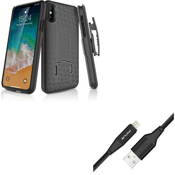 Case Belt Clip w 10ft USB Cable for iPhone XS/X - Holster Swivel Cover Kickstand Armor, Charger Cord Power Wire Braided Long for iPhone XS/X