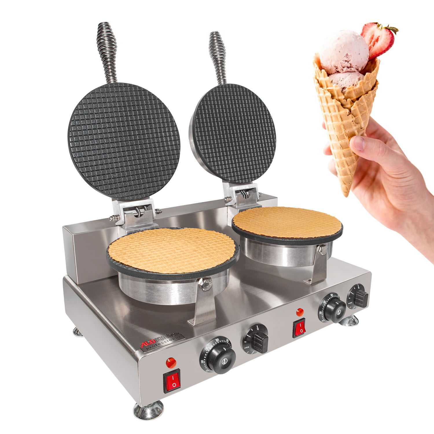 Commercial Rotating Ice Cream Waffle Maker Teflon Coating Dual Pans Electric 