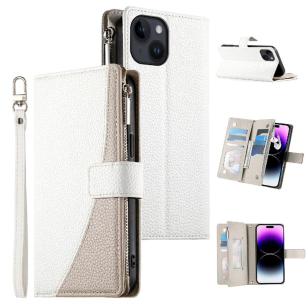 Funda cartera GANGXUN para iPhone 13 , cuero PU con tarjetero, cremallera, correa de mano, soporte y protección 795°