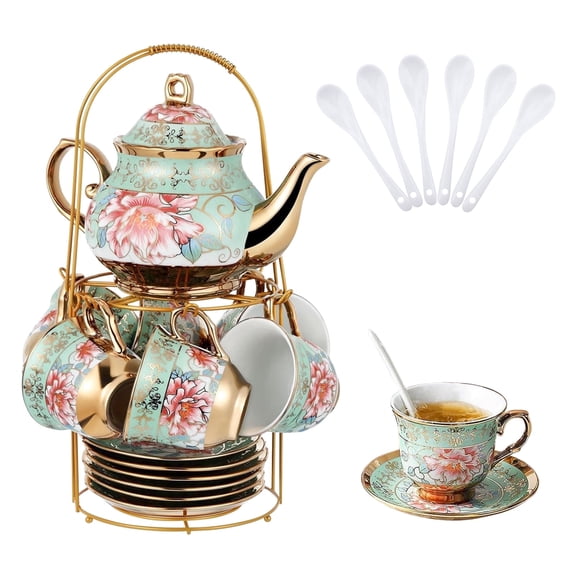 Wanchiy 20 Pack Porcelain Tea Set with Metal Holder,Flower Cup & Saucer for Party With Gold Flower Painting,European Teapot for Adults,Green