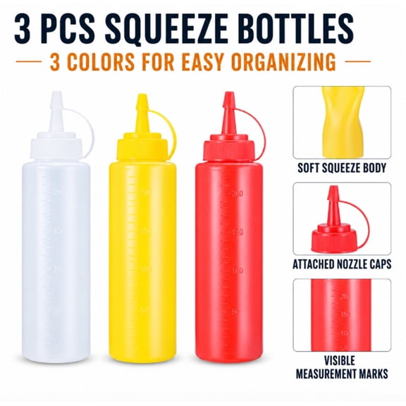 3 Pack 8 oz Condiment Squeeze Bottles with Scale Lines for Sauces and Dressings, TIKA