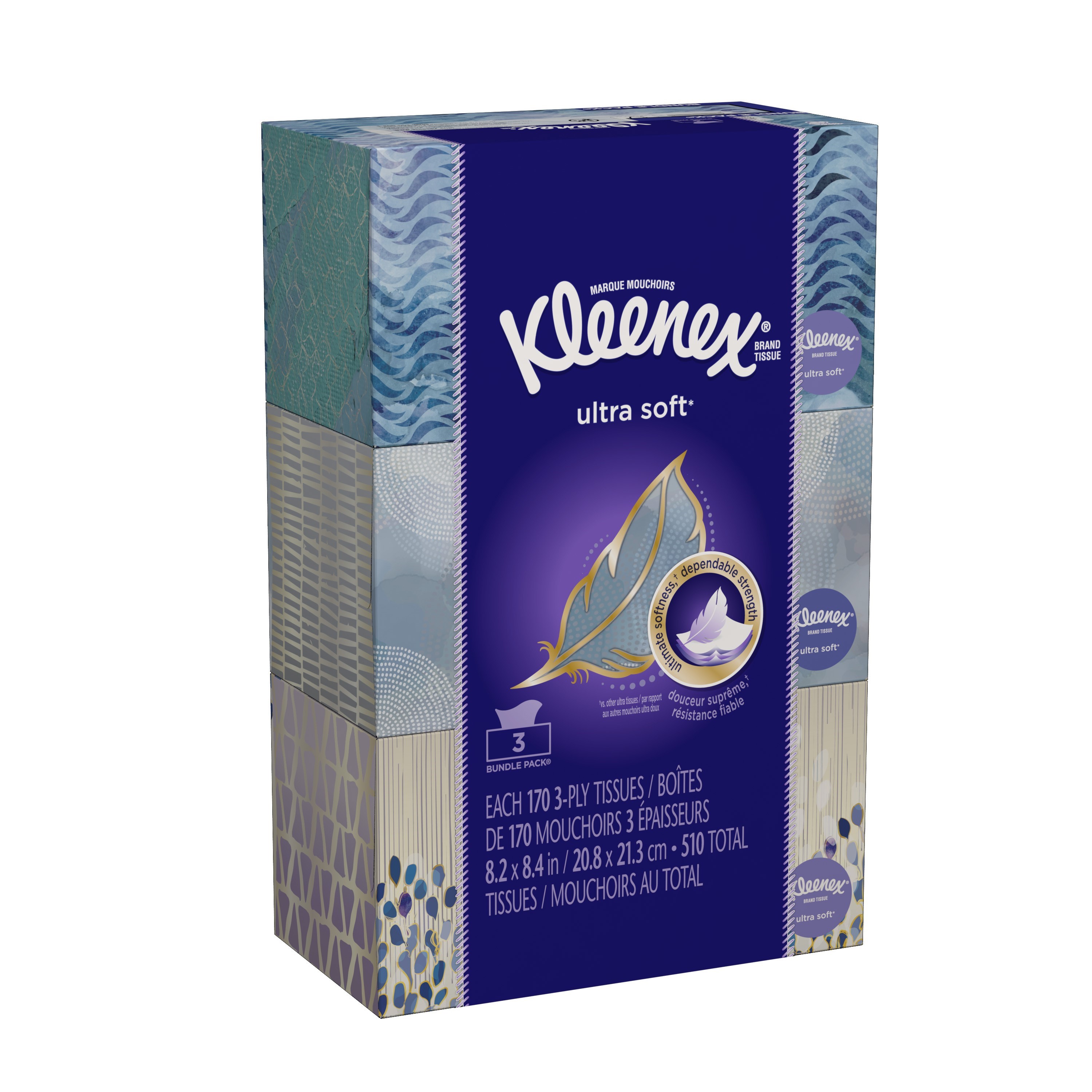 Kleenex Ultra Soft, NonLotion, 170 Facial Tissues per Box, 3 Flat