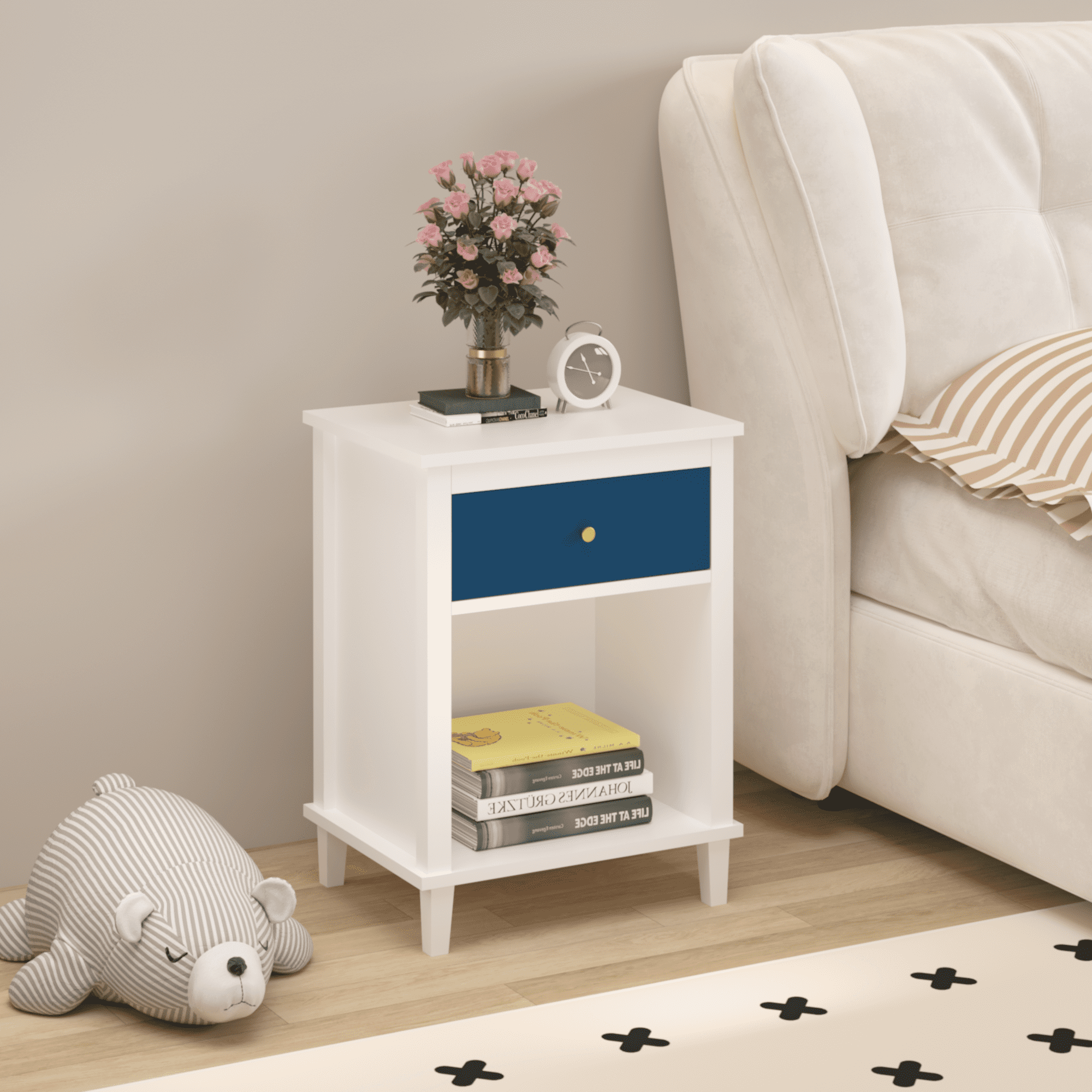 26.77"H Wooden Nightstand with One Drawer One Shelf for Kids, Adults, Navy+Golden handle