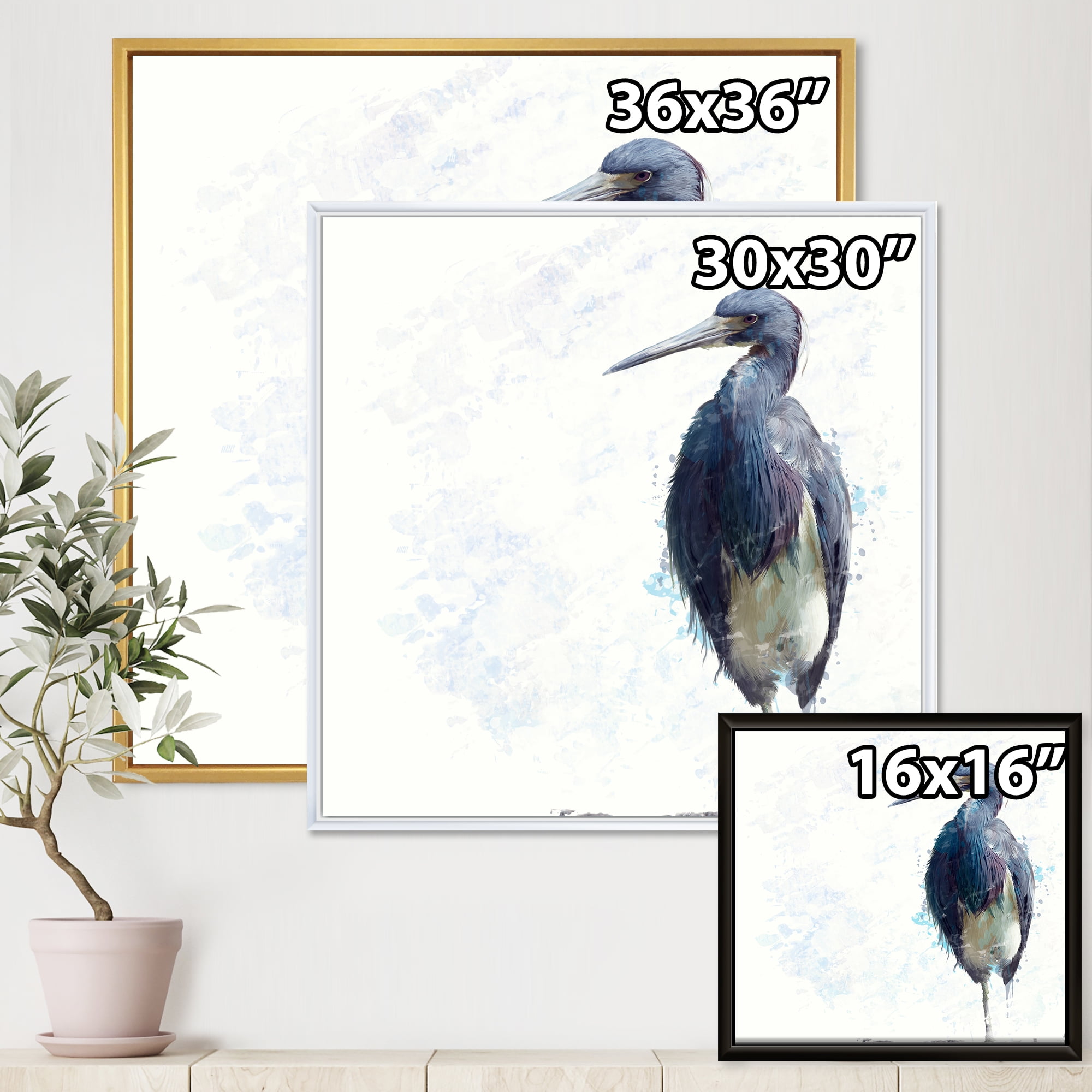 Tricolored Heron Bird On White 16 in x 16 in Framed Painting Canvas Art Print, by Designart