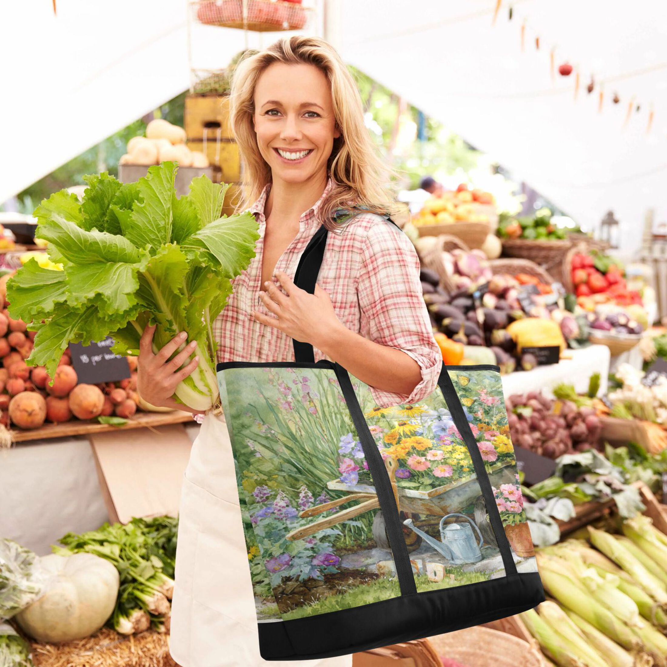 Extra-Large Wide Opening Design Capacity Hand-Held Ice Pack Thickened Insulation Layer For Long-Lasting Cold Retention For Outdoor Shopping Picnics And Camping A Colorful Garden Scene
