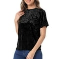 thumbnail image 4 of INSPIRAR CHIC Blusa de terciopelo negra de cuello redondo y manga corta para mujer talla S, 4 of 6