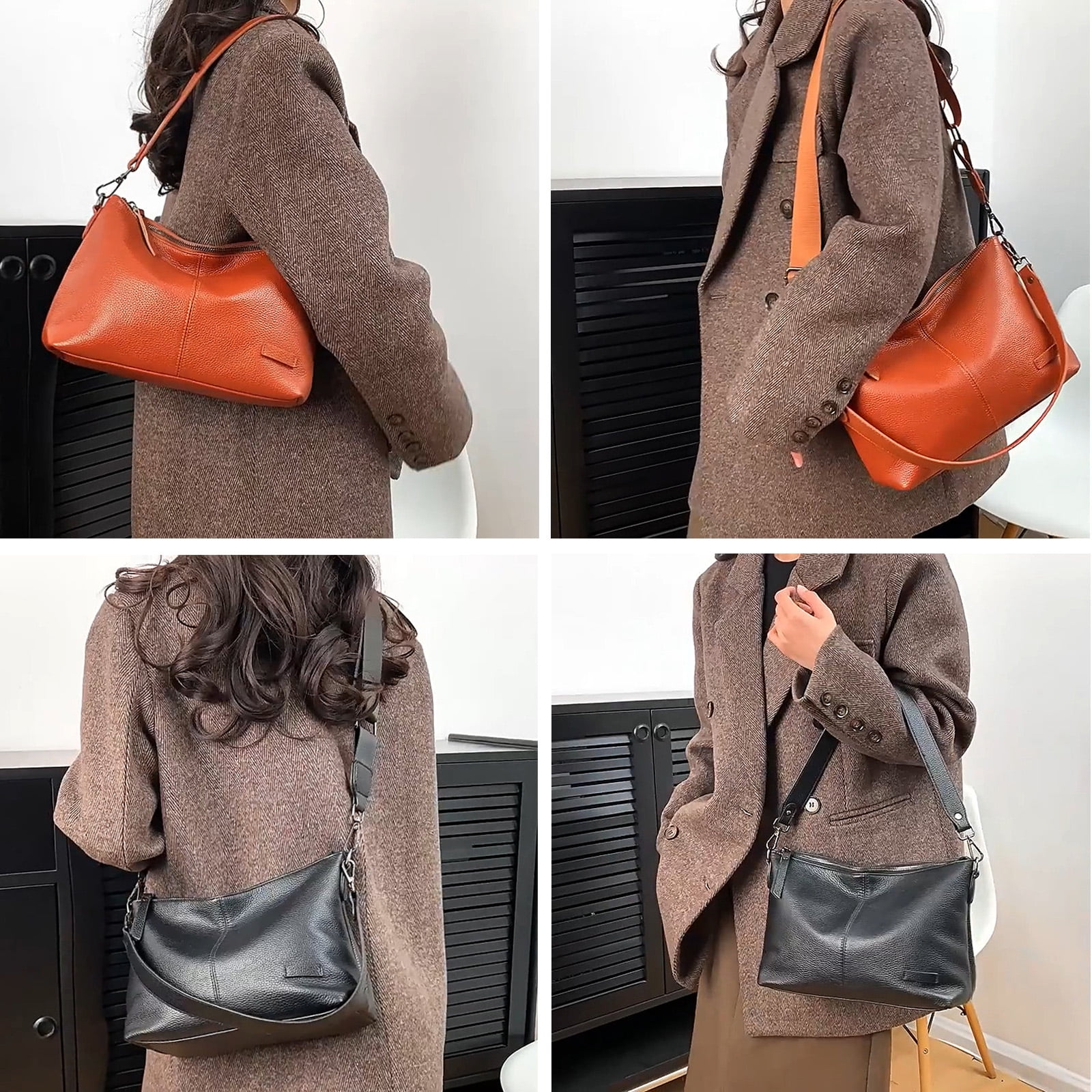 URSOFINE Large Shoulder Purses for Women Genuine Leather Hobo Bags Trendy Crossbody Purses with 2 Straps