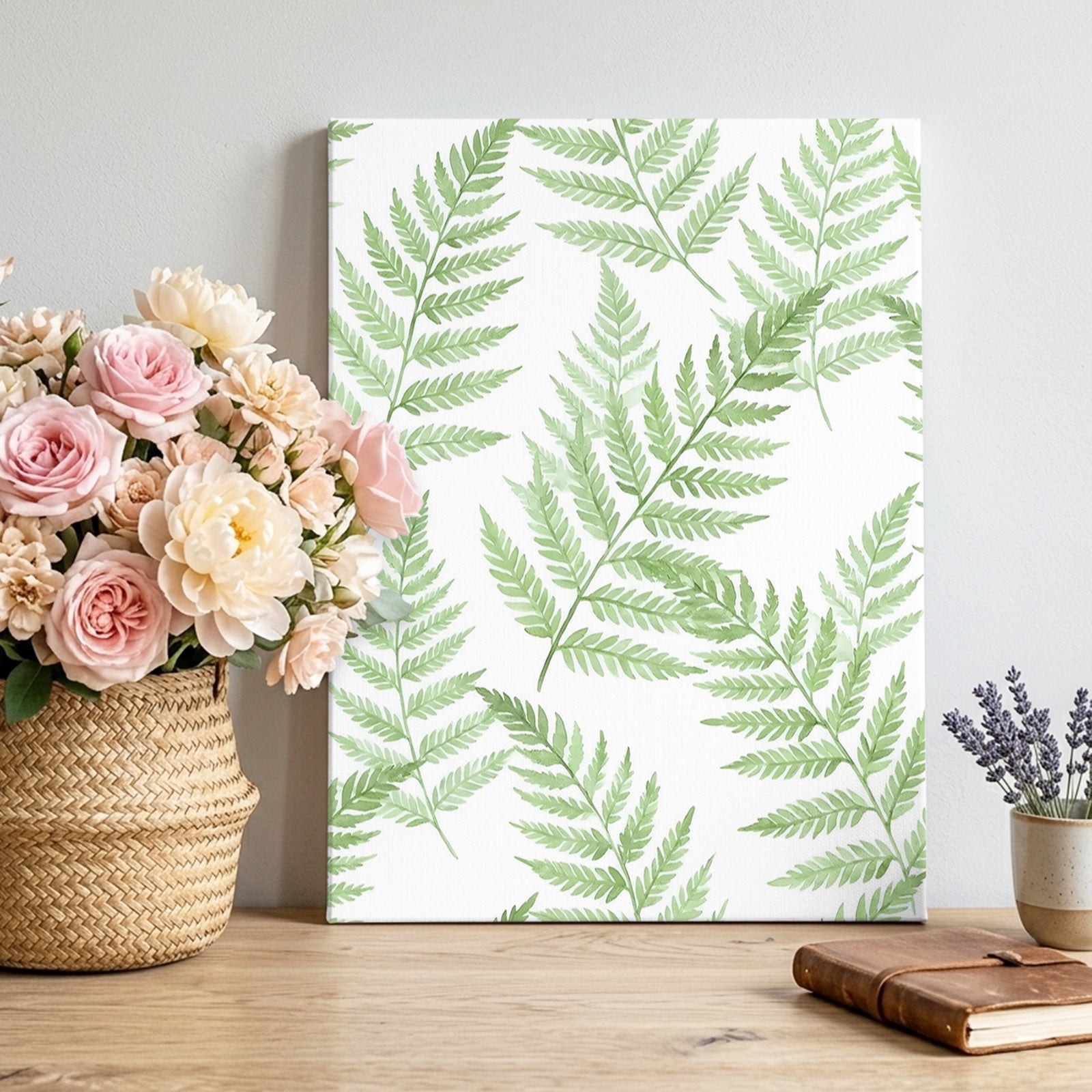 Green Ferns Canvas Wall Art Spring Fronds Foliage Branches Botanical Farmhouse Pictures Wall Decor Wooden Framed Artwork Art Prints for Living Room Hallway Bedroom Office 12 x18
